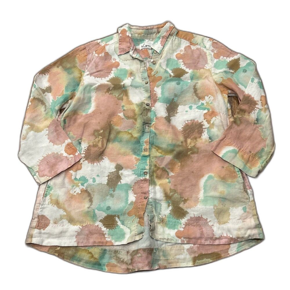 I Linen Tunic Top Womens Large Blouse Paint Splatter Hawaiian Shirt Pockets